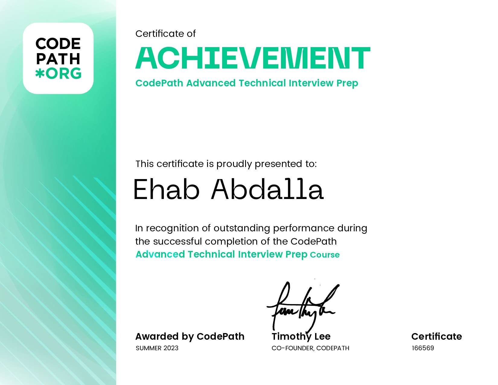 CodePath Technical Interview Prep certificate