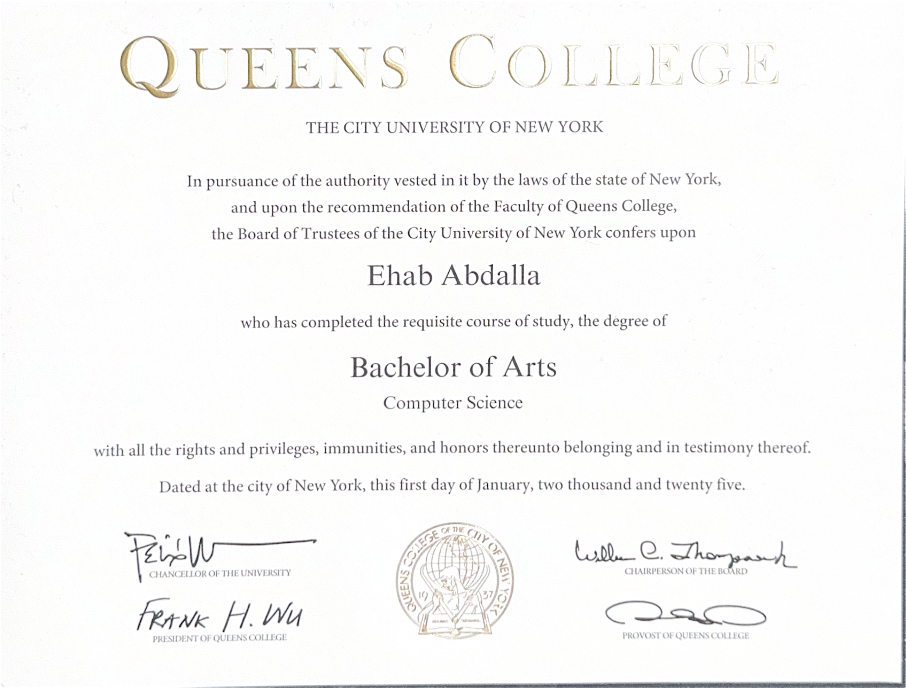 Queens College diploma
