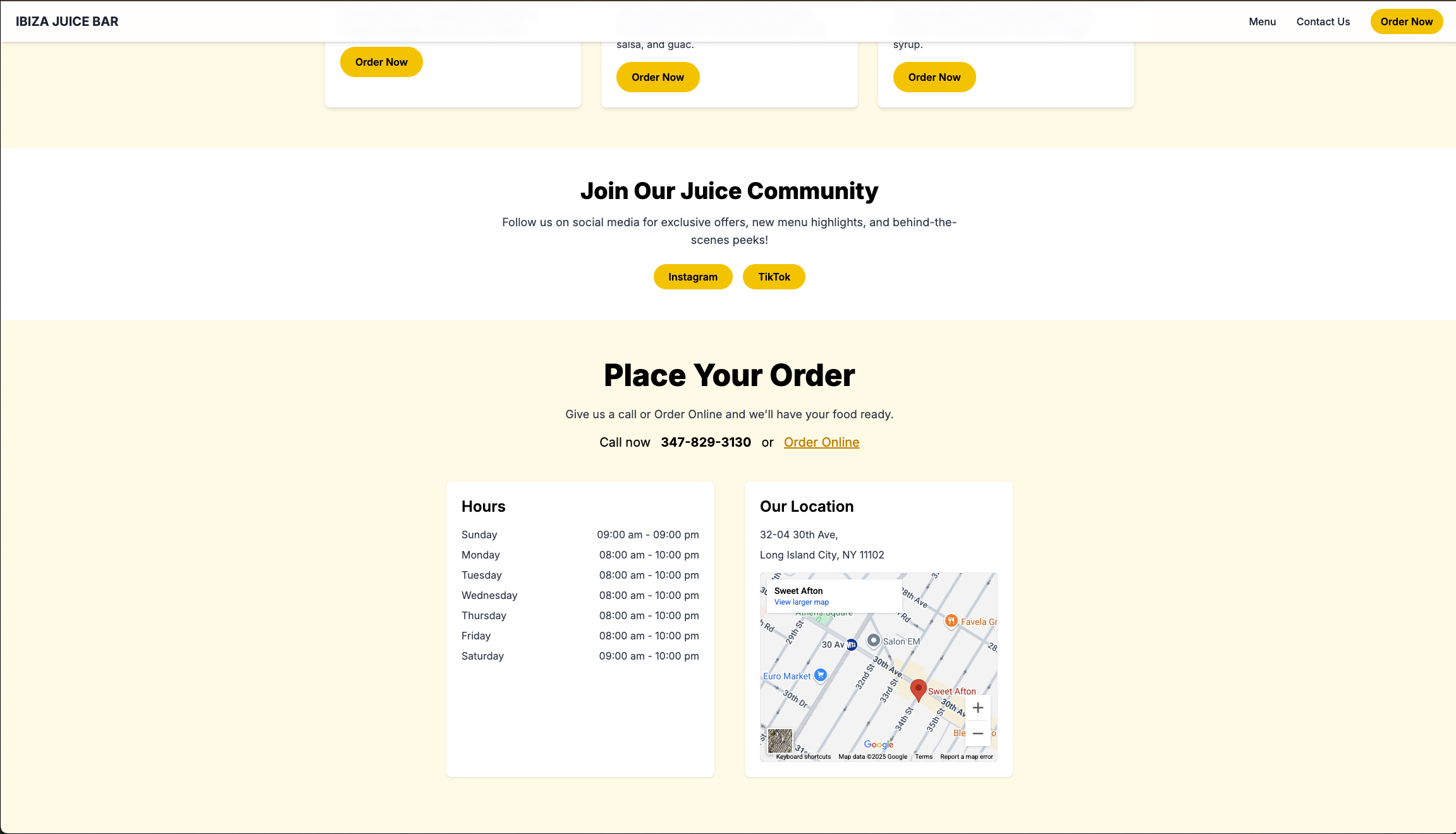 Juice bar site — menu